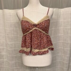 Aeropostale Womens Floral Lace Trim Cami Top Red Boho Peplum Large